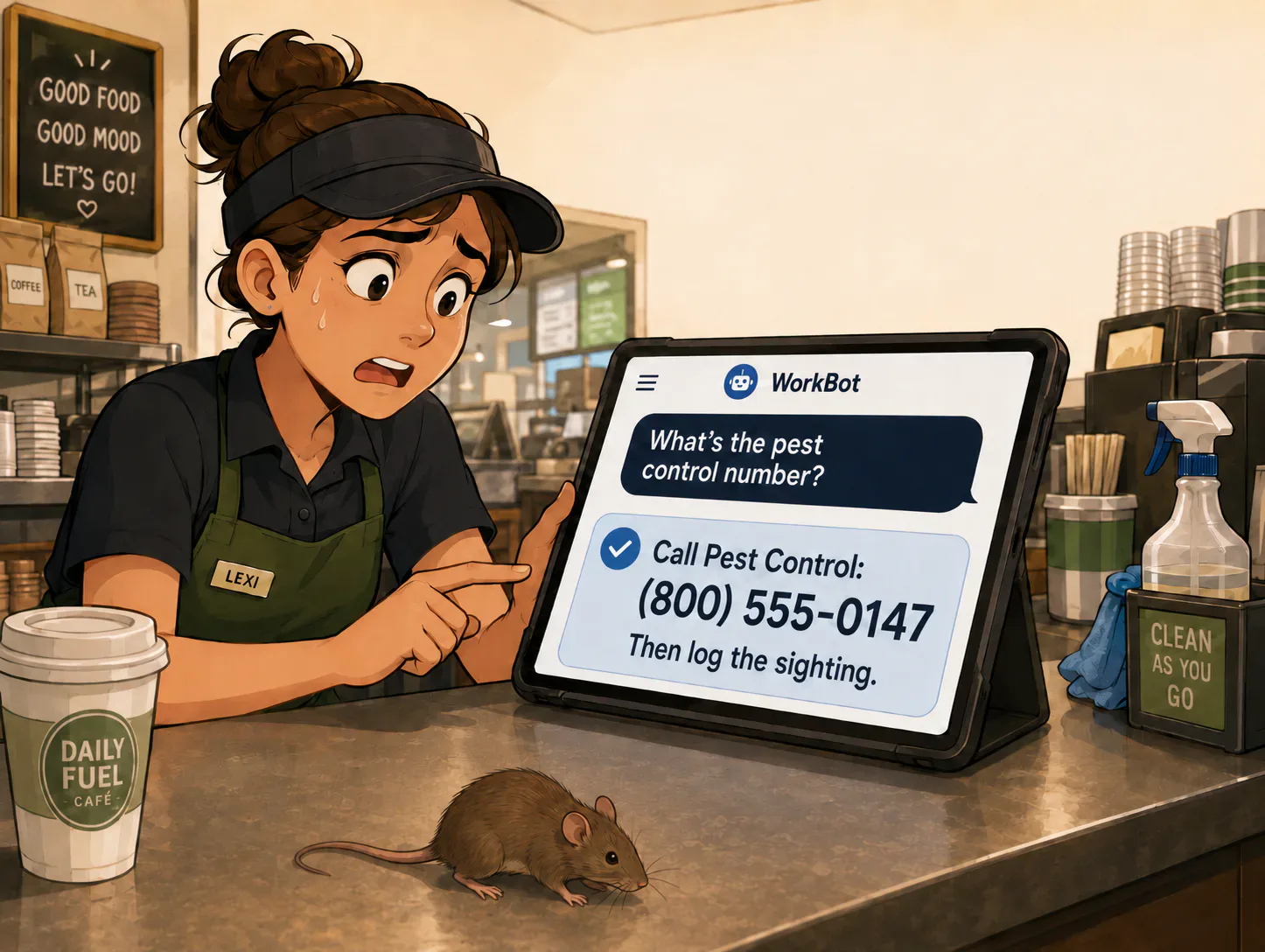 Restaurant worker getting an approved pest-control answer from OnKey