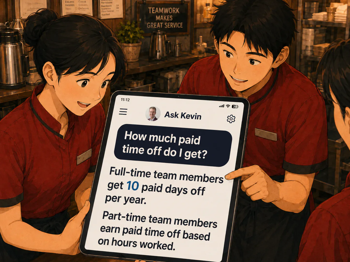 Restaurant team accessing an approved OnKey answer from a shared tablet