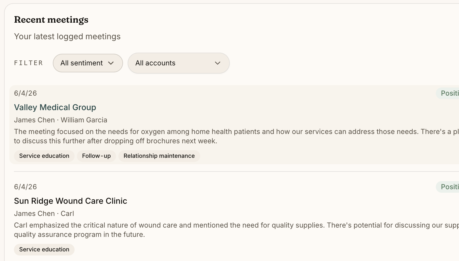 ReferralFlow recent meetings — logged field visits with sentiment and tags