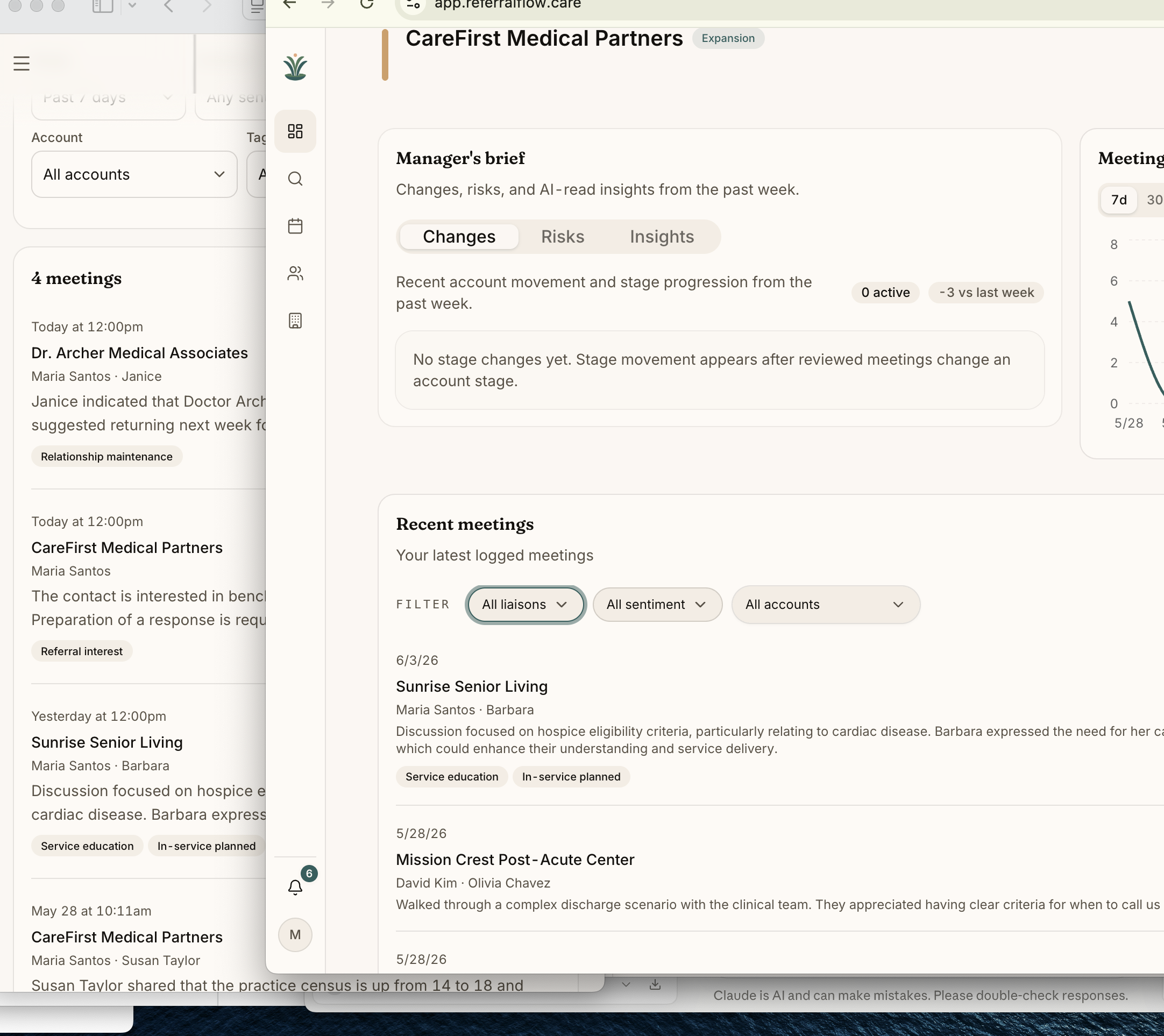 ReferralFlow manager's brief — account changes, risks, and AI-read insights