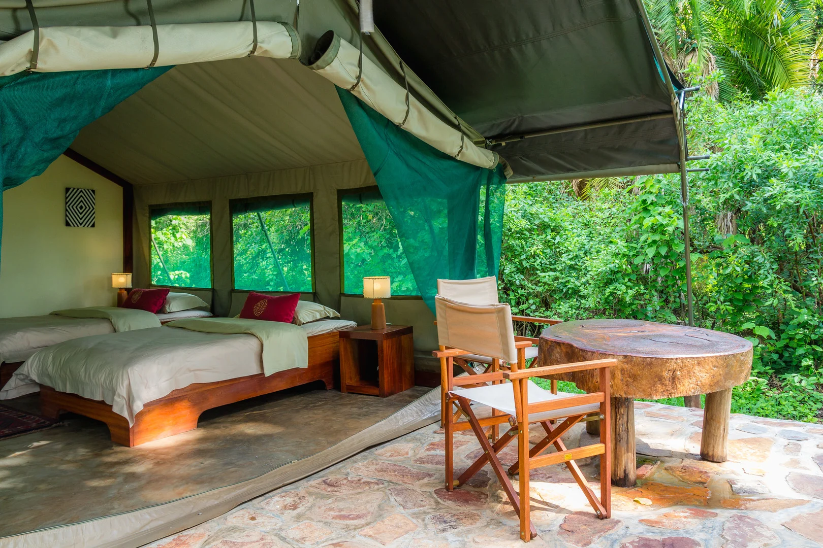 A twin guest tent and private terrace at Ruzizi Tented Lodge