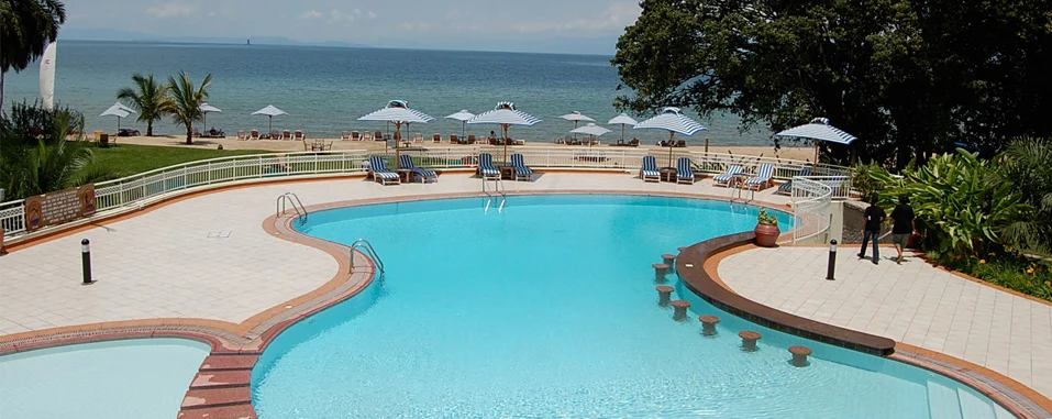 The lakeside swimming pool at Lake Kivu Serena Hotel