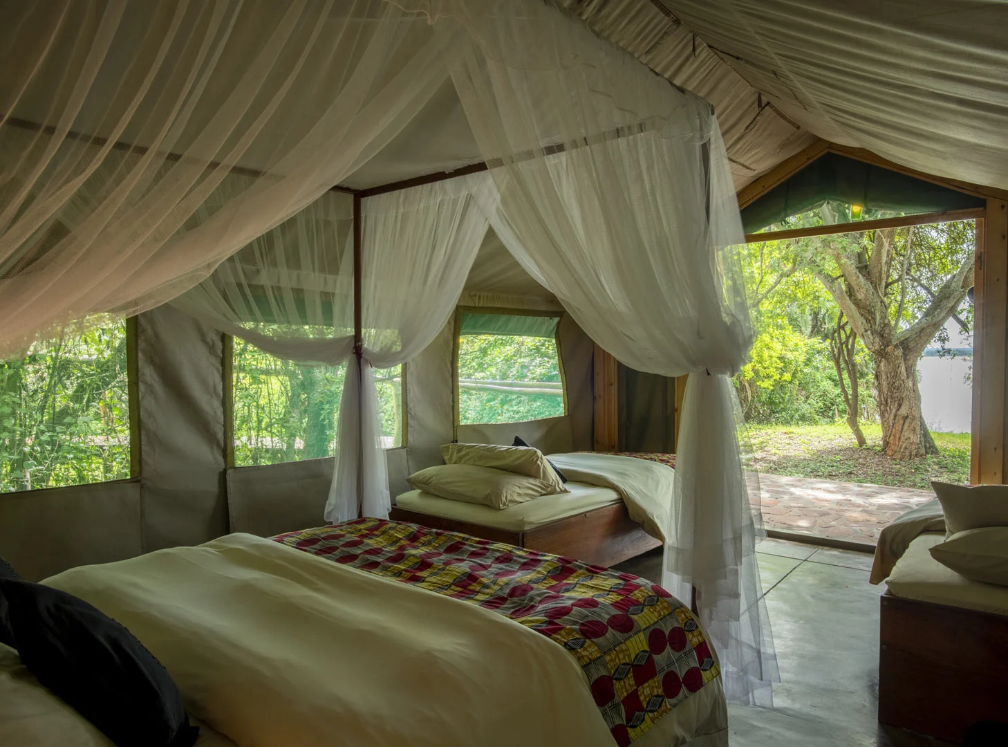 A guest tent interior at Ruzizi Tented Lodge