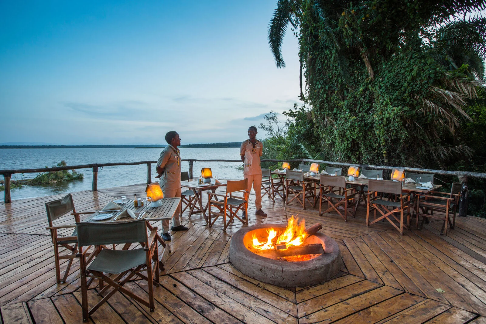 The lakeside deck at Ruzizi Tented Lodge beside Lake Ihema