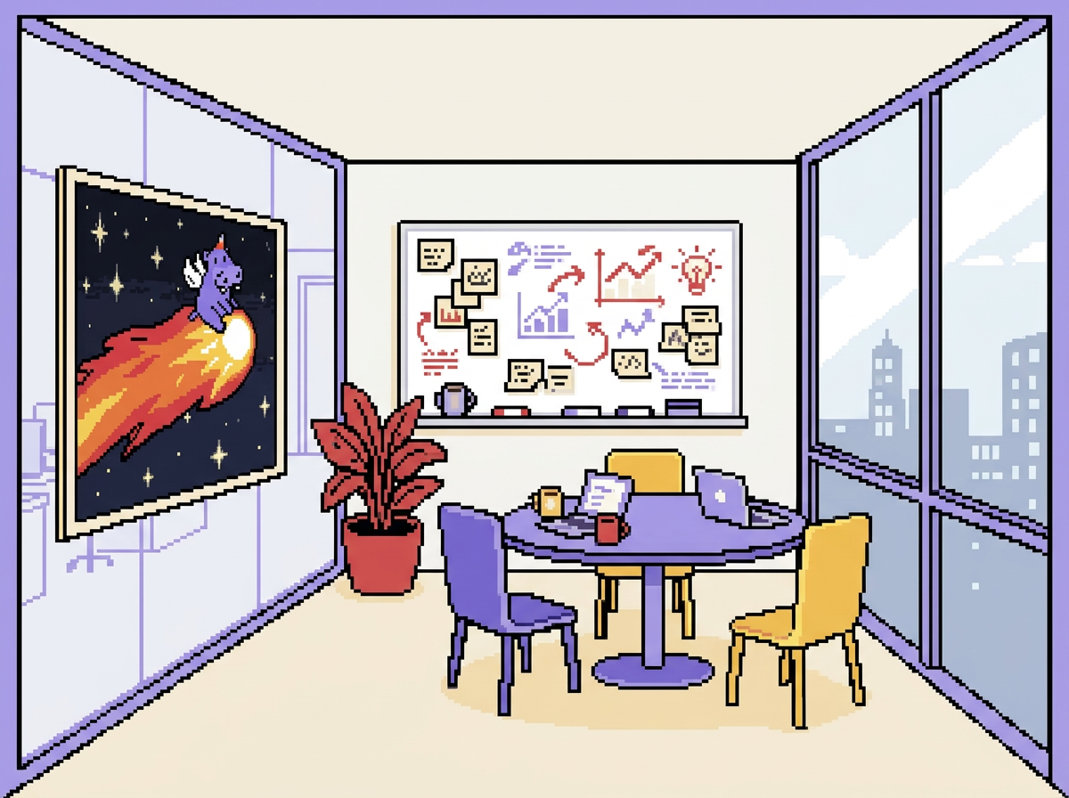 Pixel-art illustration of a Hippo Campus meeting room