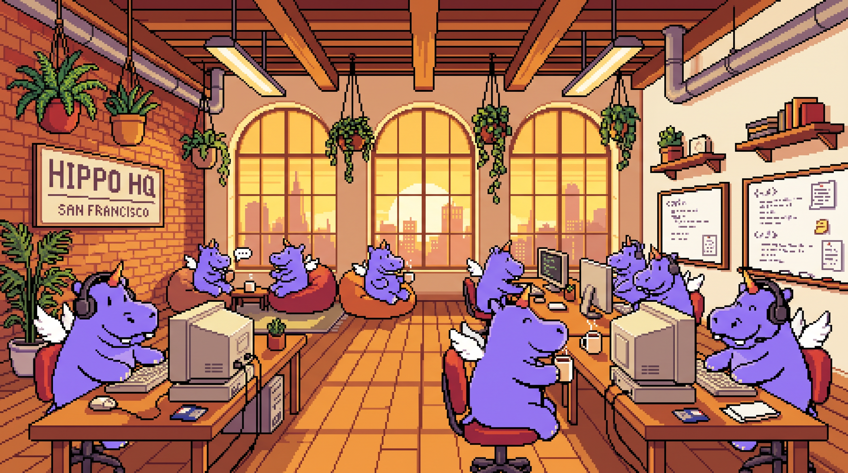 Pixel-art interior of the Hippo Campus membership space in San Francisco
