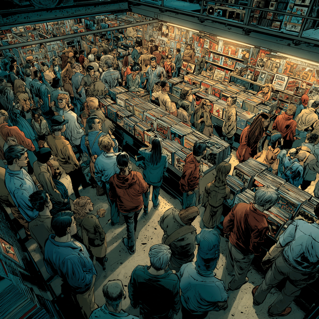 A crowded record store packed with browsing customers