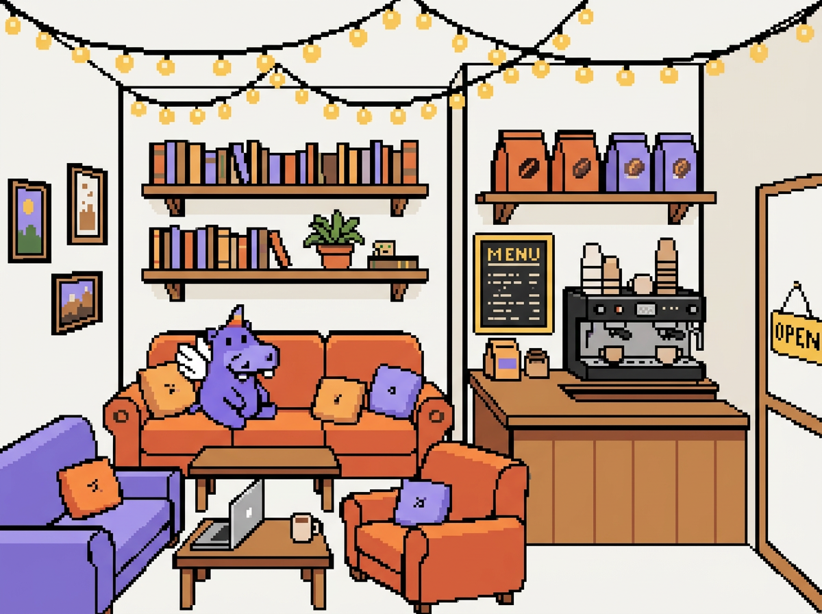 Pixel-art illustration of the Hippo Campus lounge and coffee bar