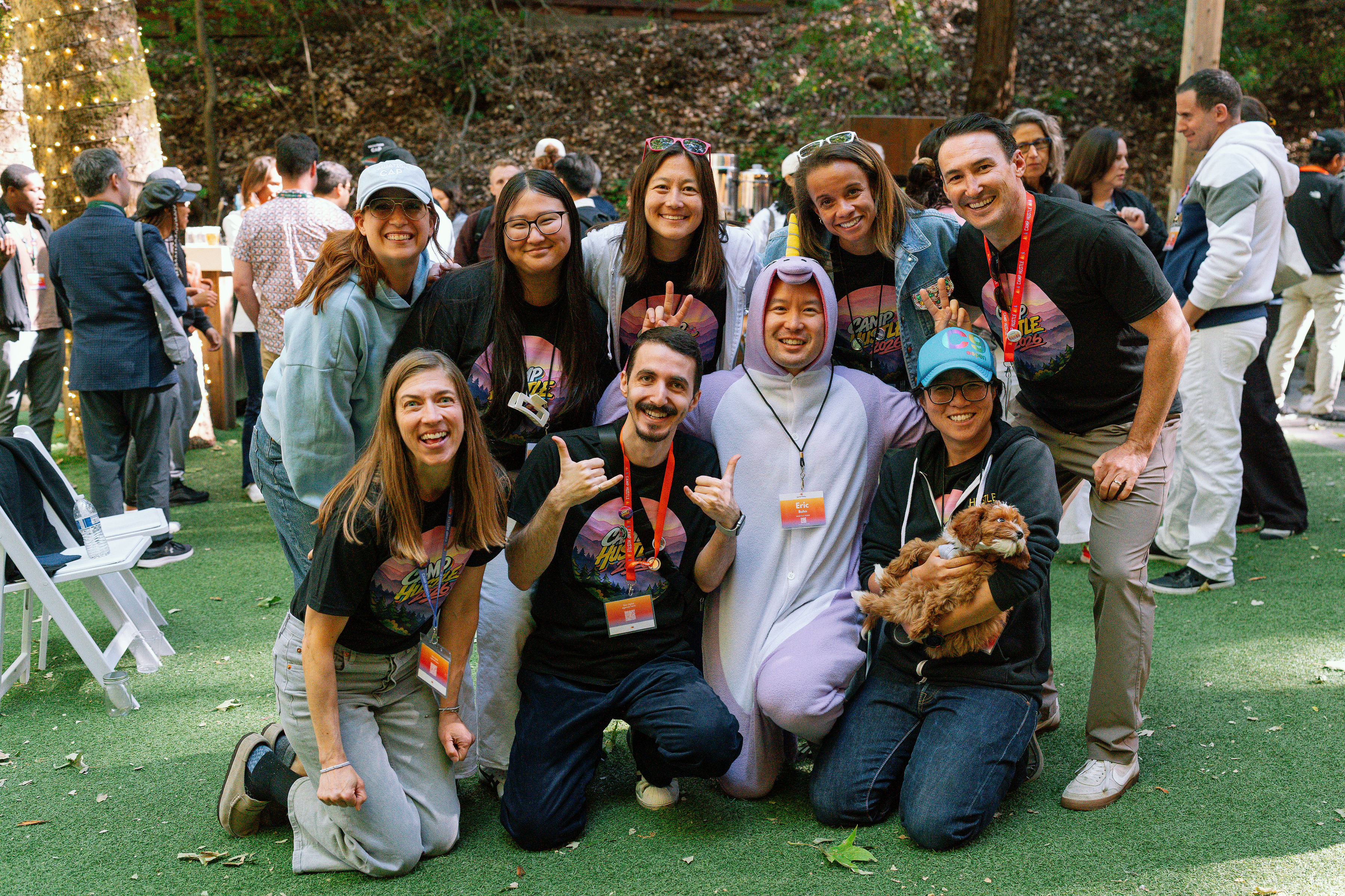 Hustle Fund team at Camp Hustle with founder in a hippocorn costume