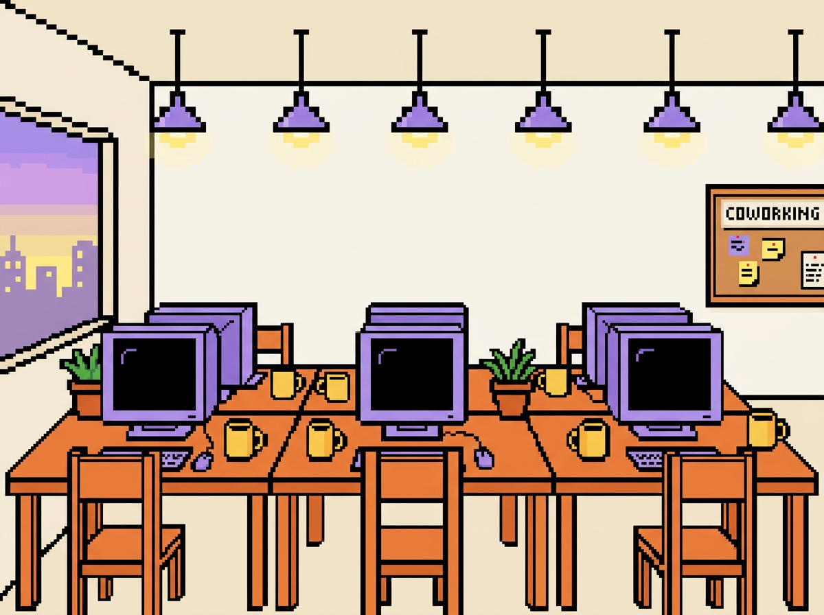 Pixel-art illustration of the Hippo Campus hot-desk room
