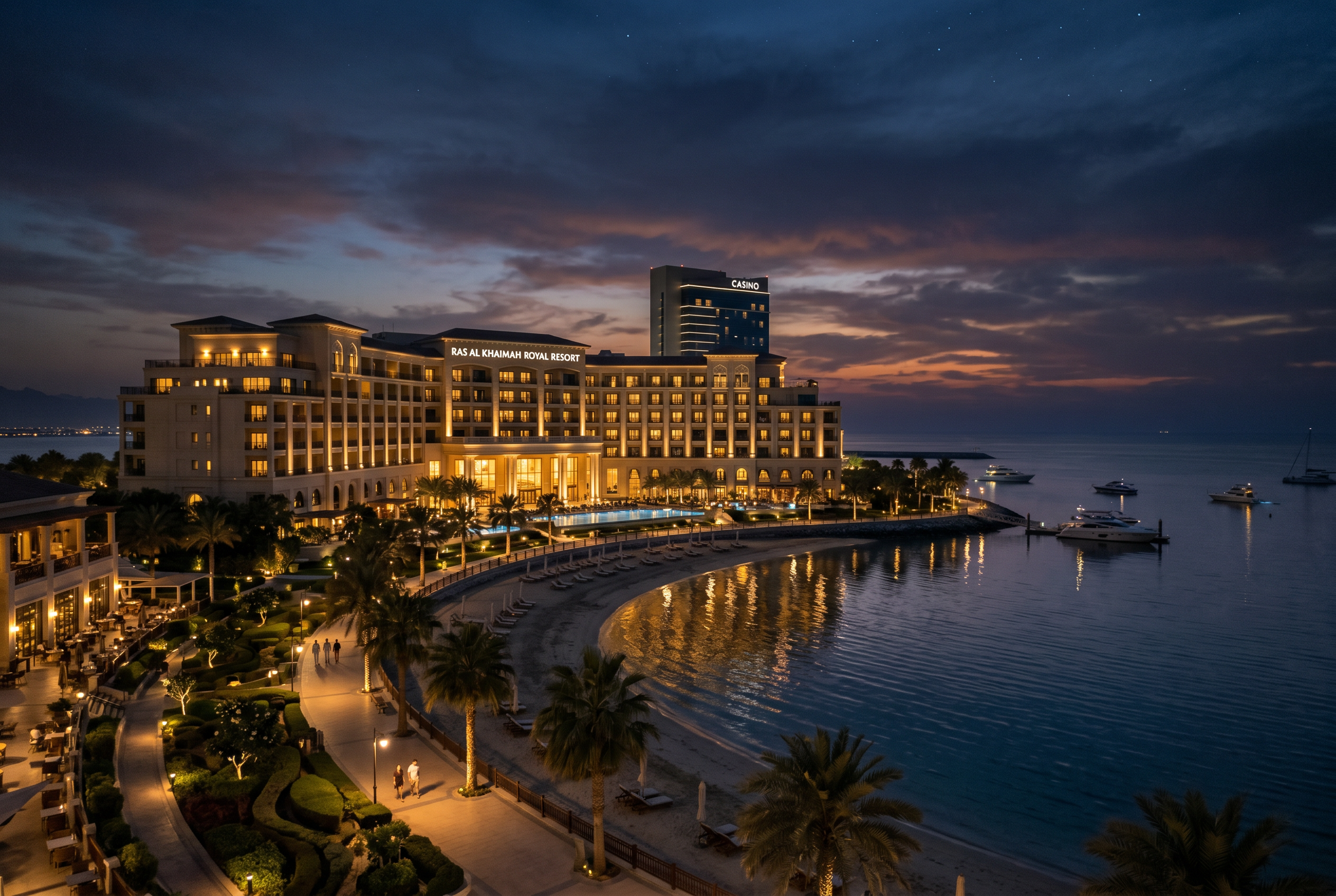 A luxury beachfront resort hotel lit warmly at dusk, with a casino tower behind it, on a Gulf island