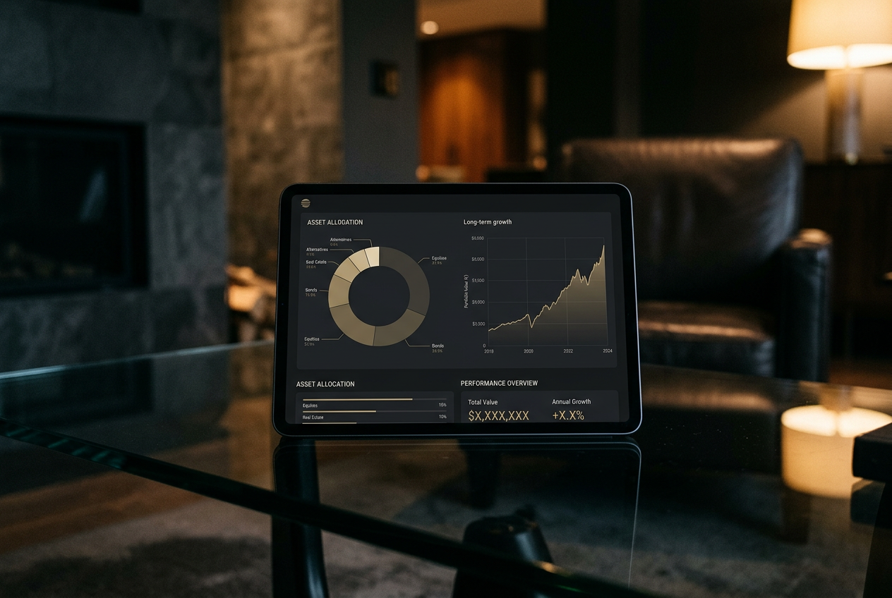 A portfolio dashboard on a tablet in a dim luxury interior