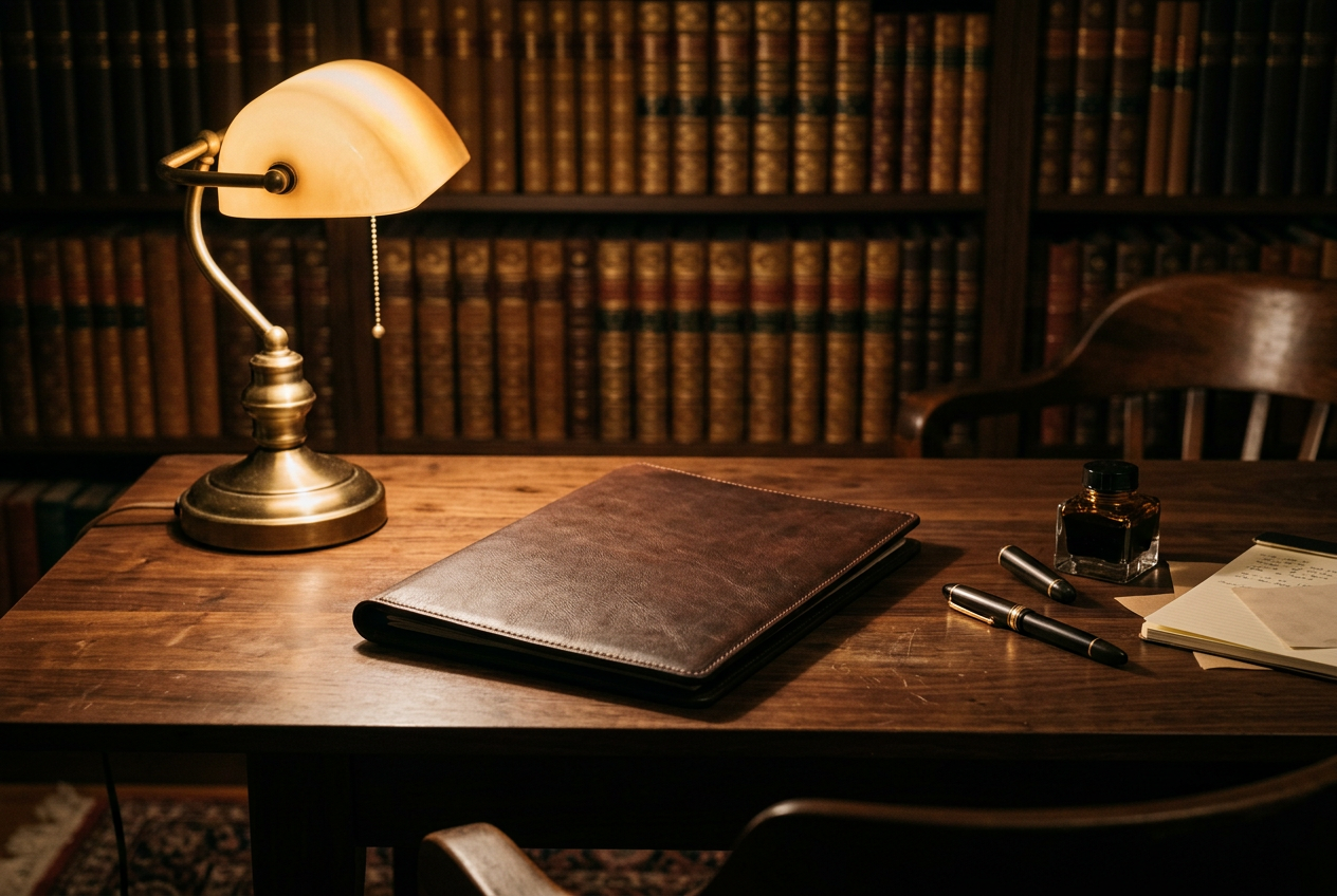 A leather portfolio folder and fountain pen on a desk under a brass lamp