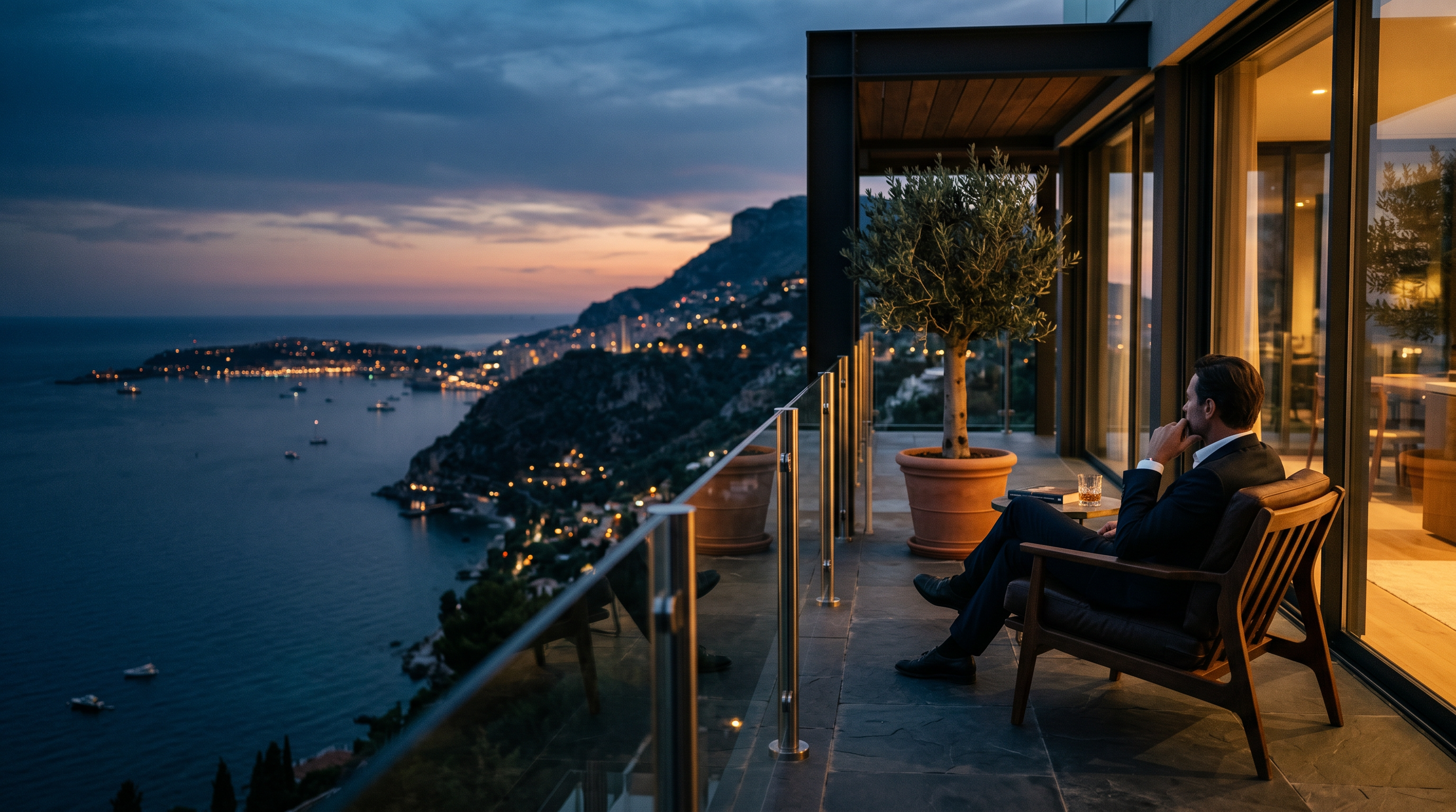 A man seated alone on a private terrace at dusk overlooking a coastline and distant city lights