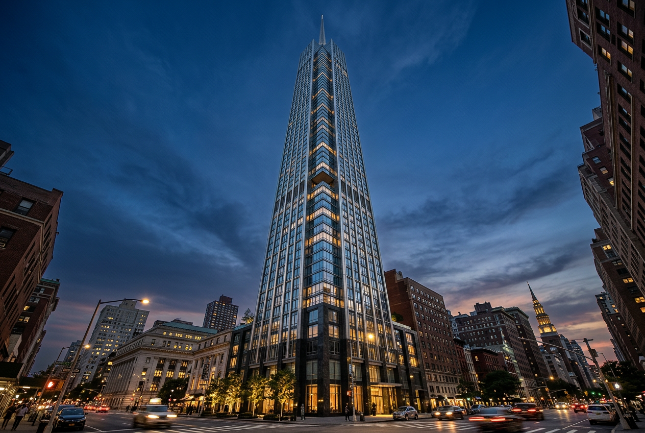 A modern glass commercial tower lit at dusk