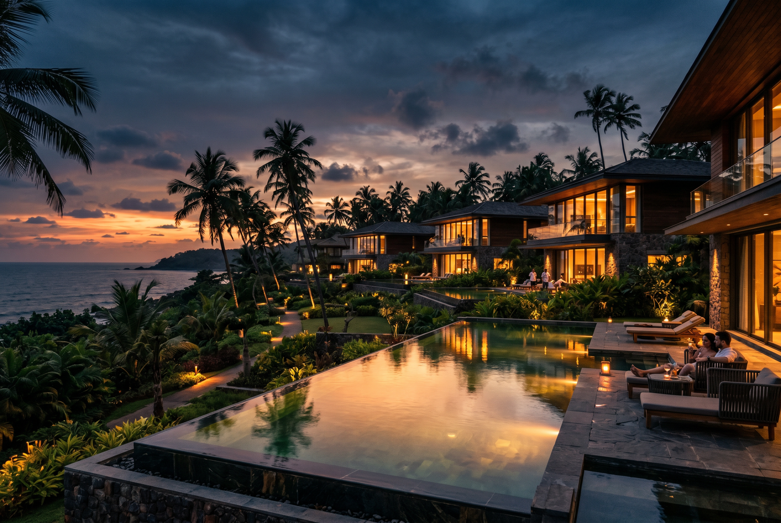 A high-end tropical villa development in Goa with an infinity pool at dusk