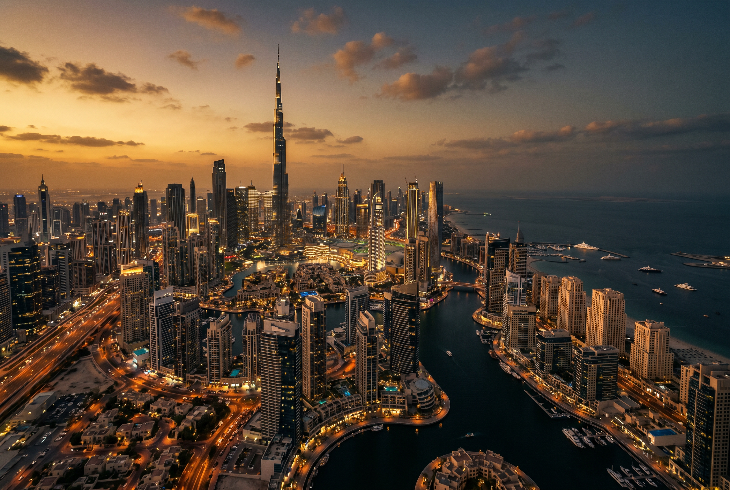 The Dubai skyline at dusk, supertall towers catching warm golden light above the sea