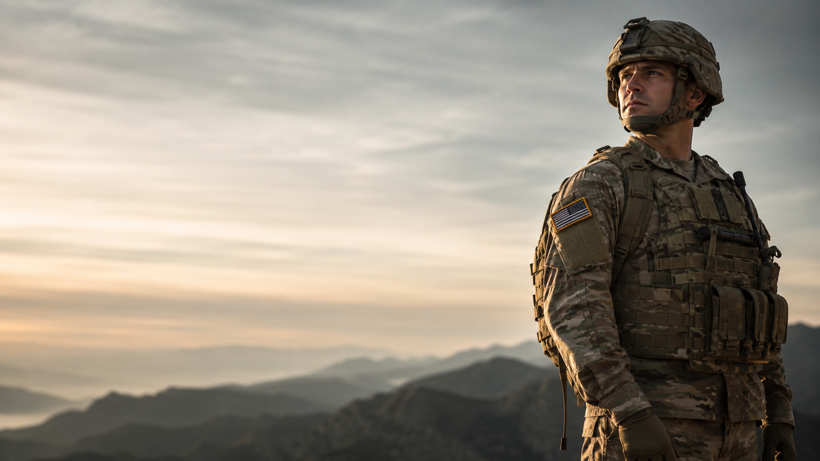 U.S. Army soldier with a flag patch looking out over mountains