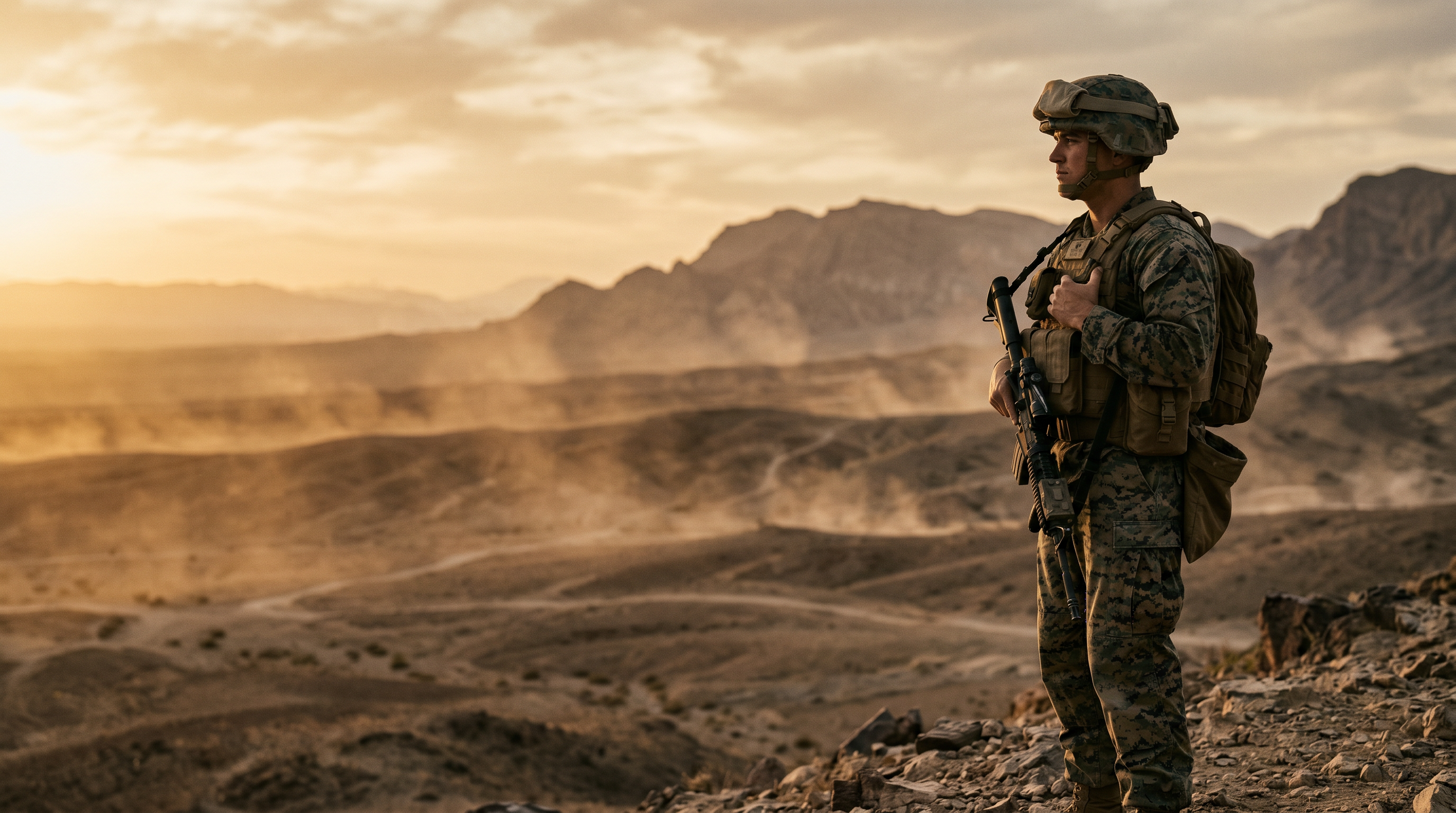 Service member in camouflage standing in profile overlooking rugged desert terrain at golden hour