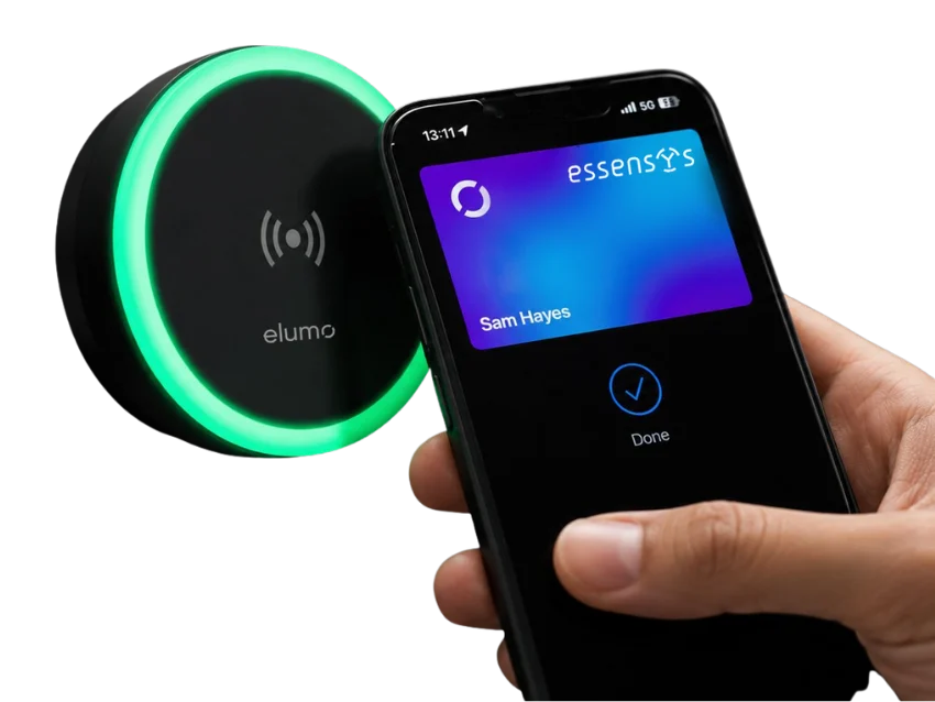 A smartphone using an elumo digital pass beside an elumo contactless reader