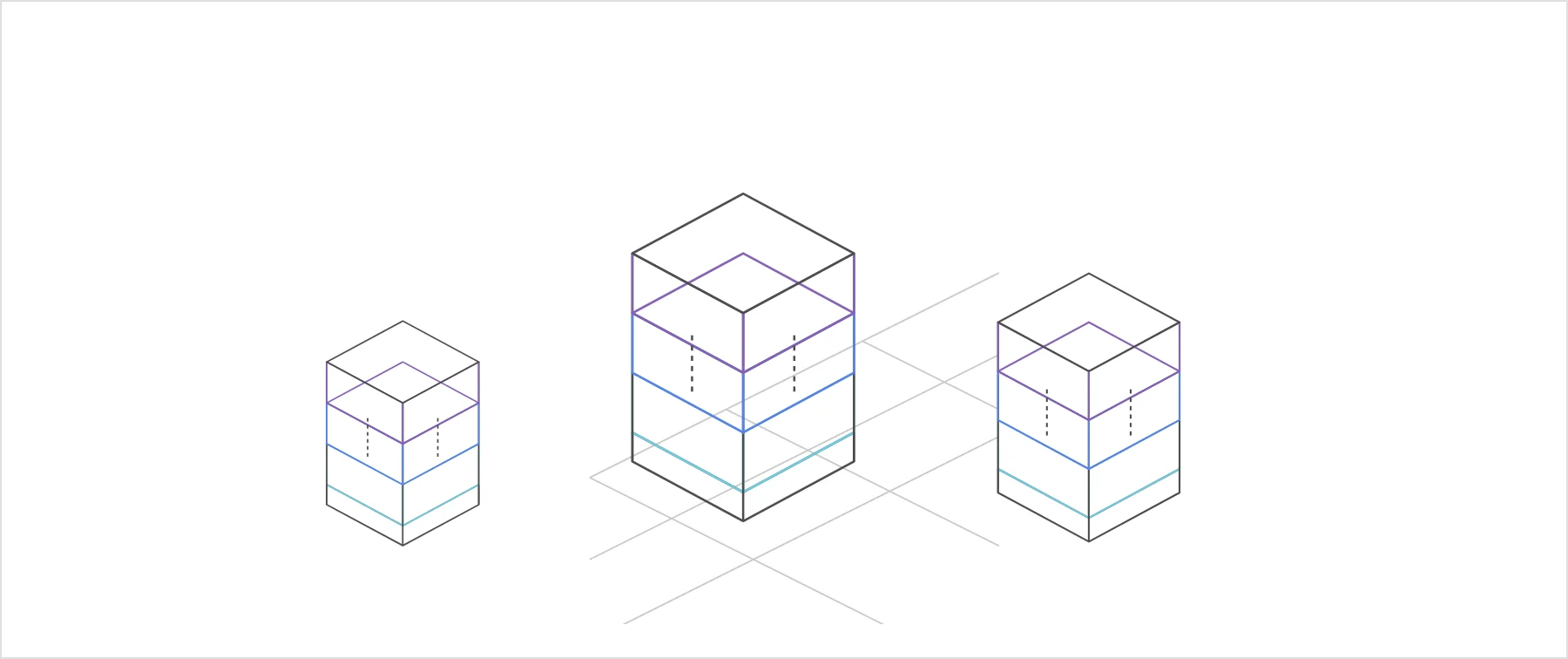 Three connected workspace buildings with layered product floors