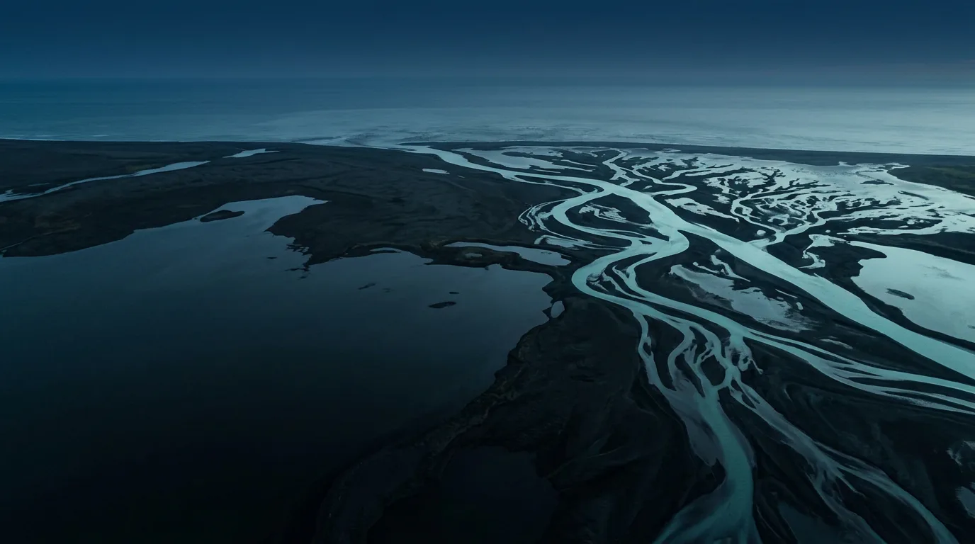 Aerial view of branching river channels across a dark landscape at blue hour