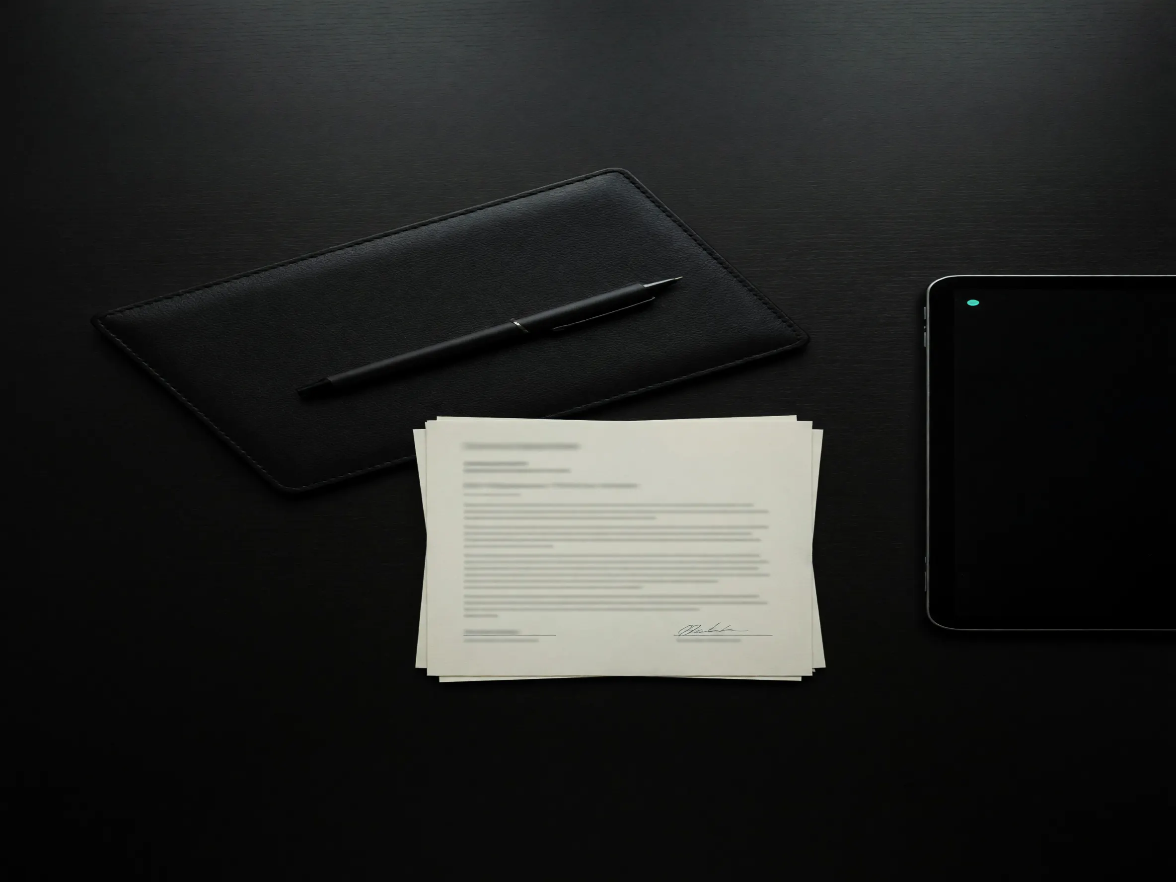 Compliance review documents arranged around a dark analysis workspace