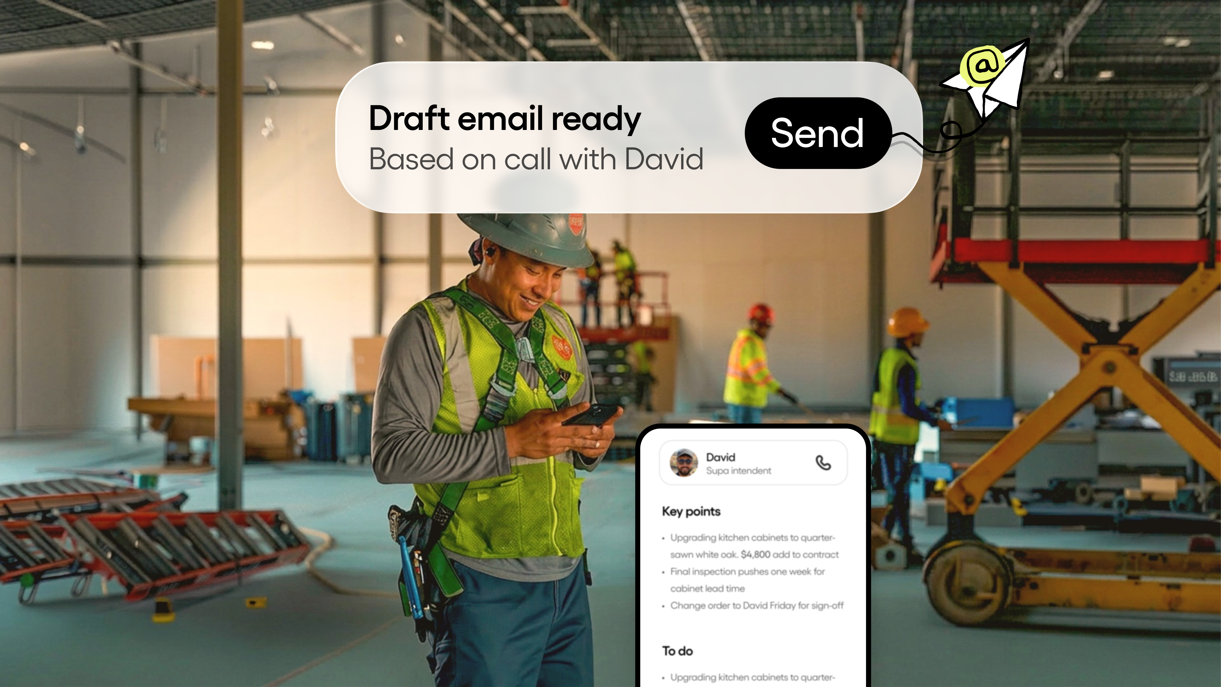 Worker reviewing an auto-drafted follow-up email on site