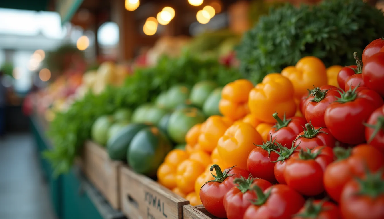 Close-up view of fresh organic vegetables in a market