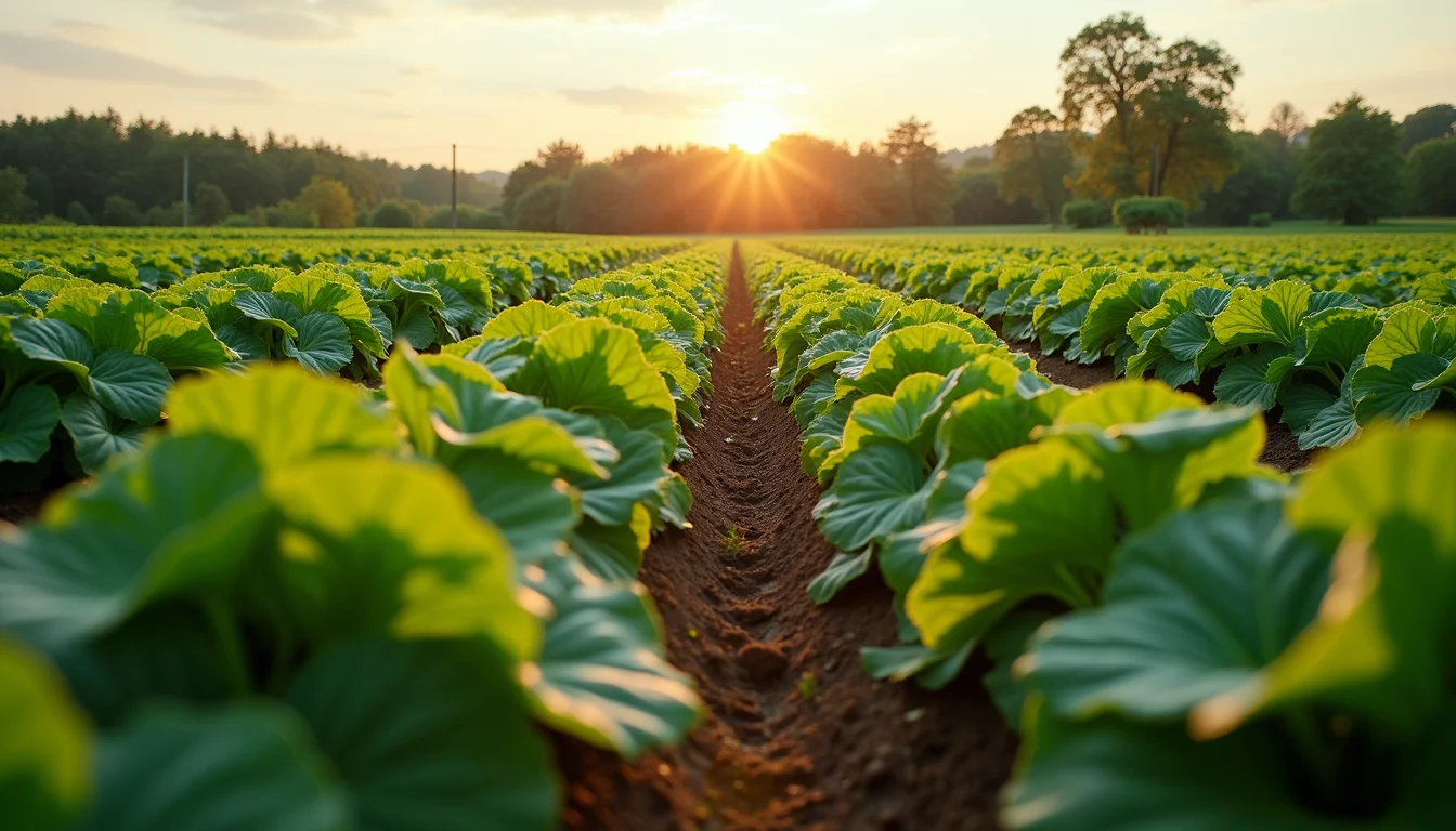 Eye-level view of a diverse vegetable farm with crop rows and trees