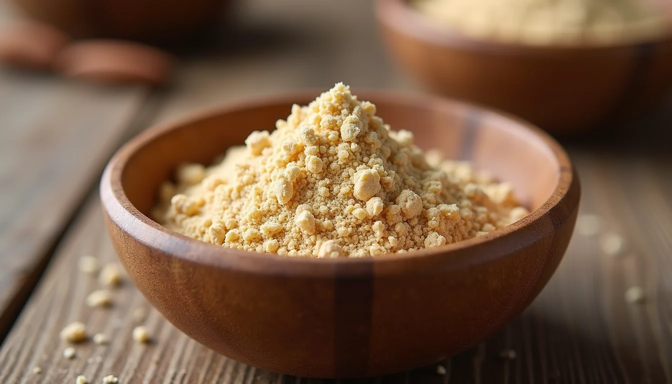 Close-up view of cricket protein powder in a wooden bowl