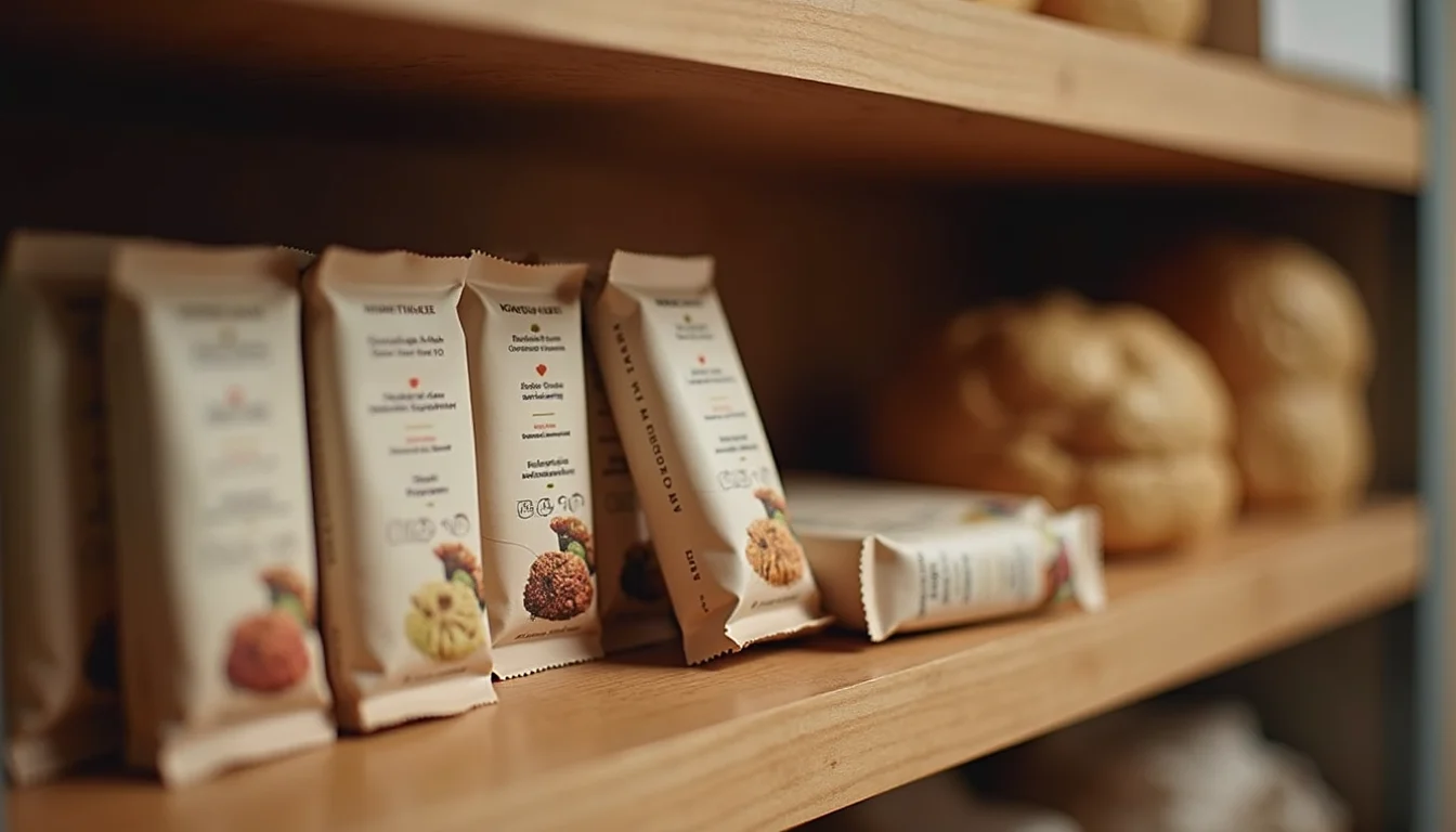 Eye-level view of packaged protein bars on a wooden shelf