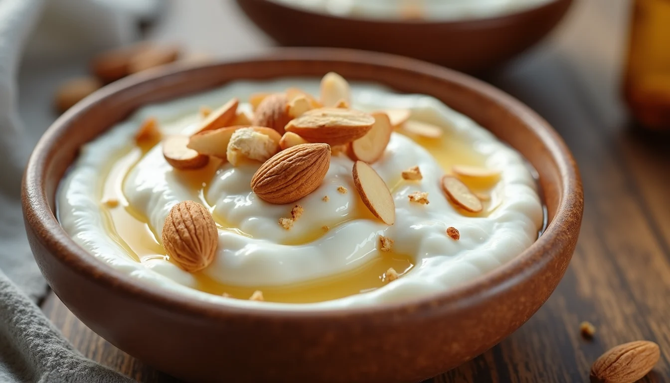 Close-up view of a bowl of Greek yogurt topped with almonds and honey