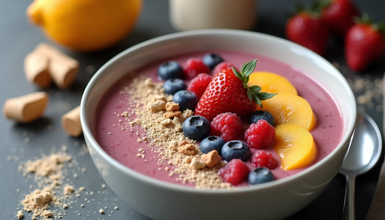High angle view of a smoothie bowl topped with fruits and sprinkled with protein powder
