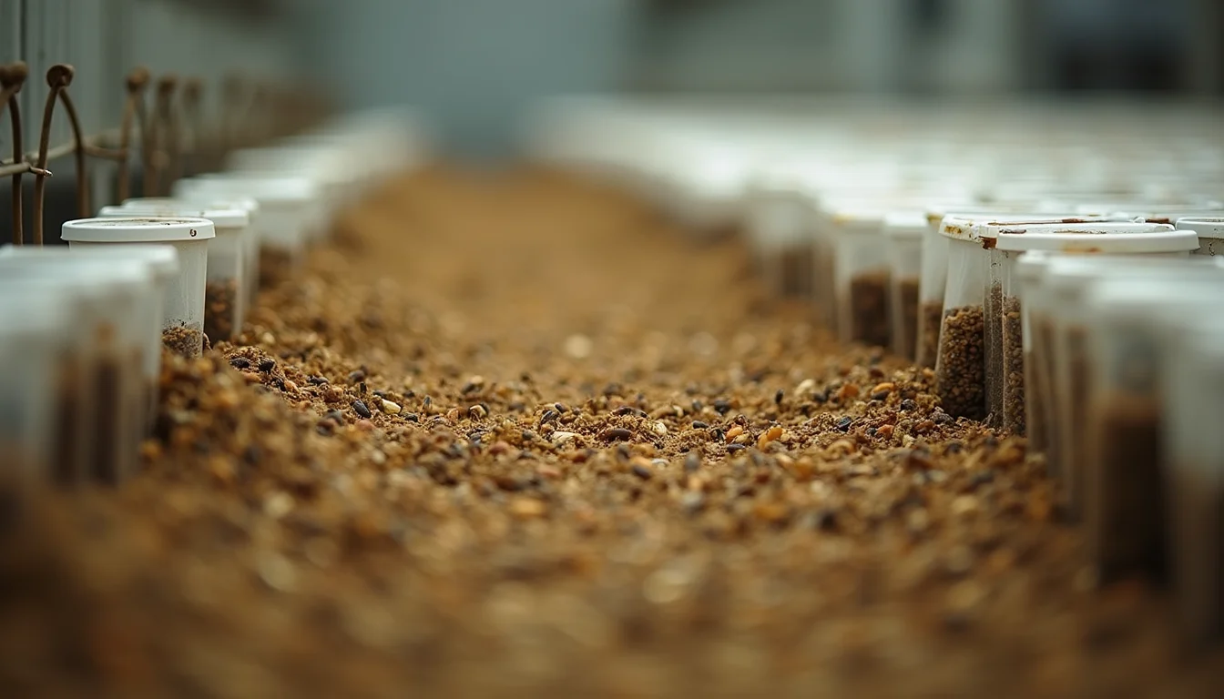 Close-up view of cricket farm with rows of insect containers
