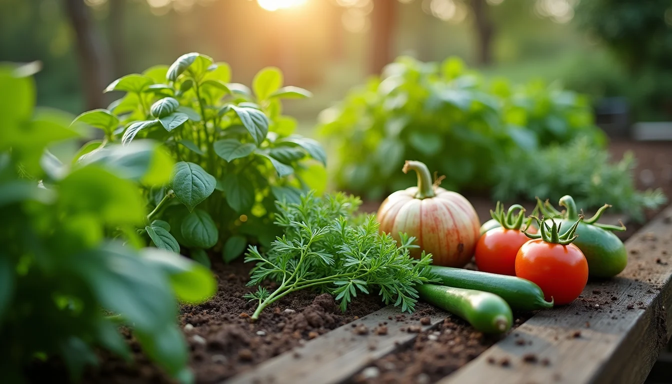 High angle view of a home garden with fresh herbs and vegetables