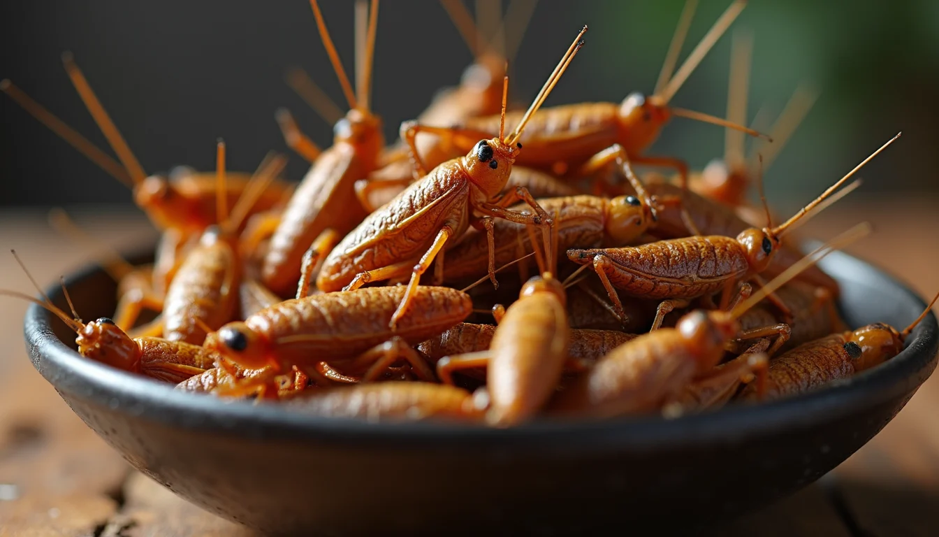 Close-up view of roasted crickets in a bowl