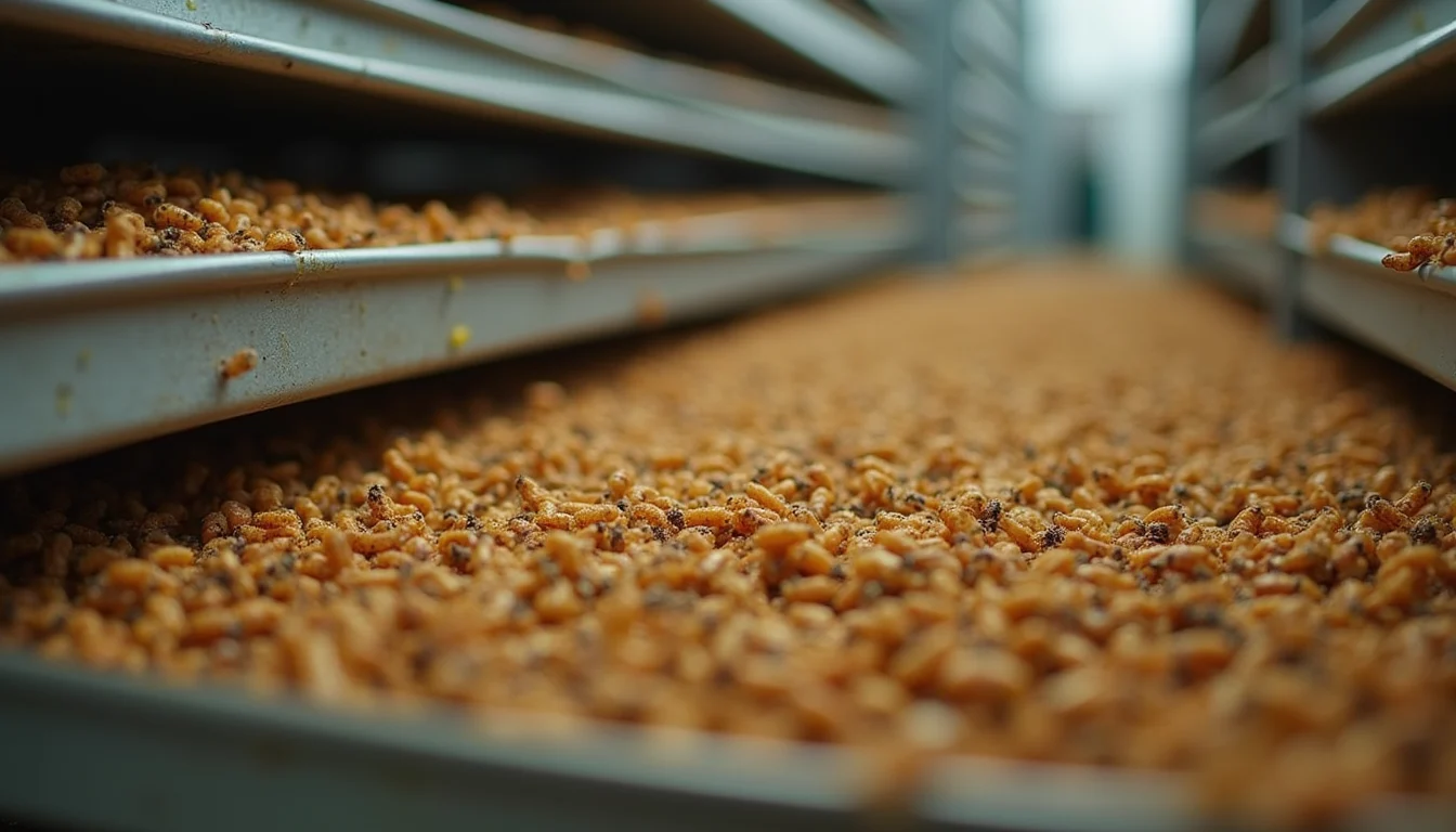 Close-up view of cricket farm trays stacked for insect protein production