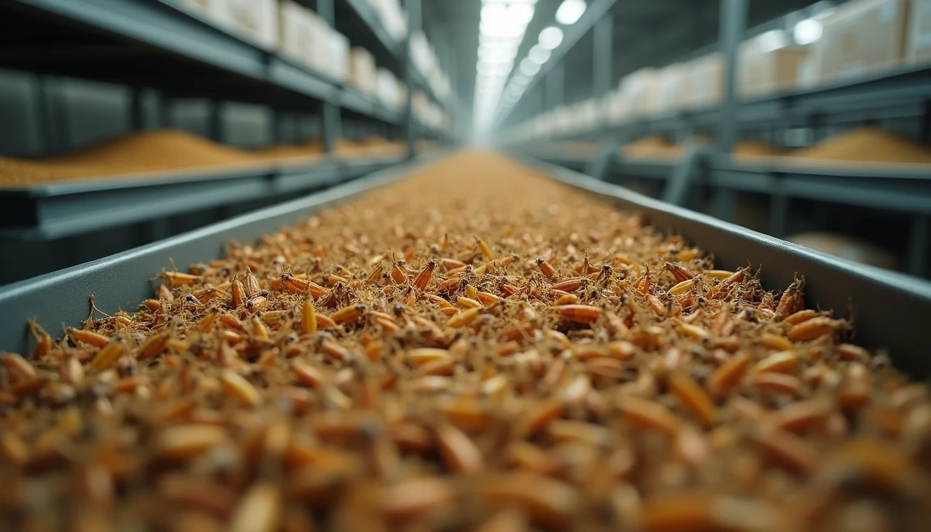 High angle view of cricket farming facility with rows of cricket containers