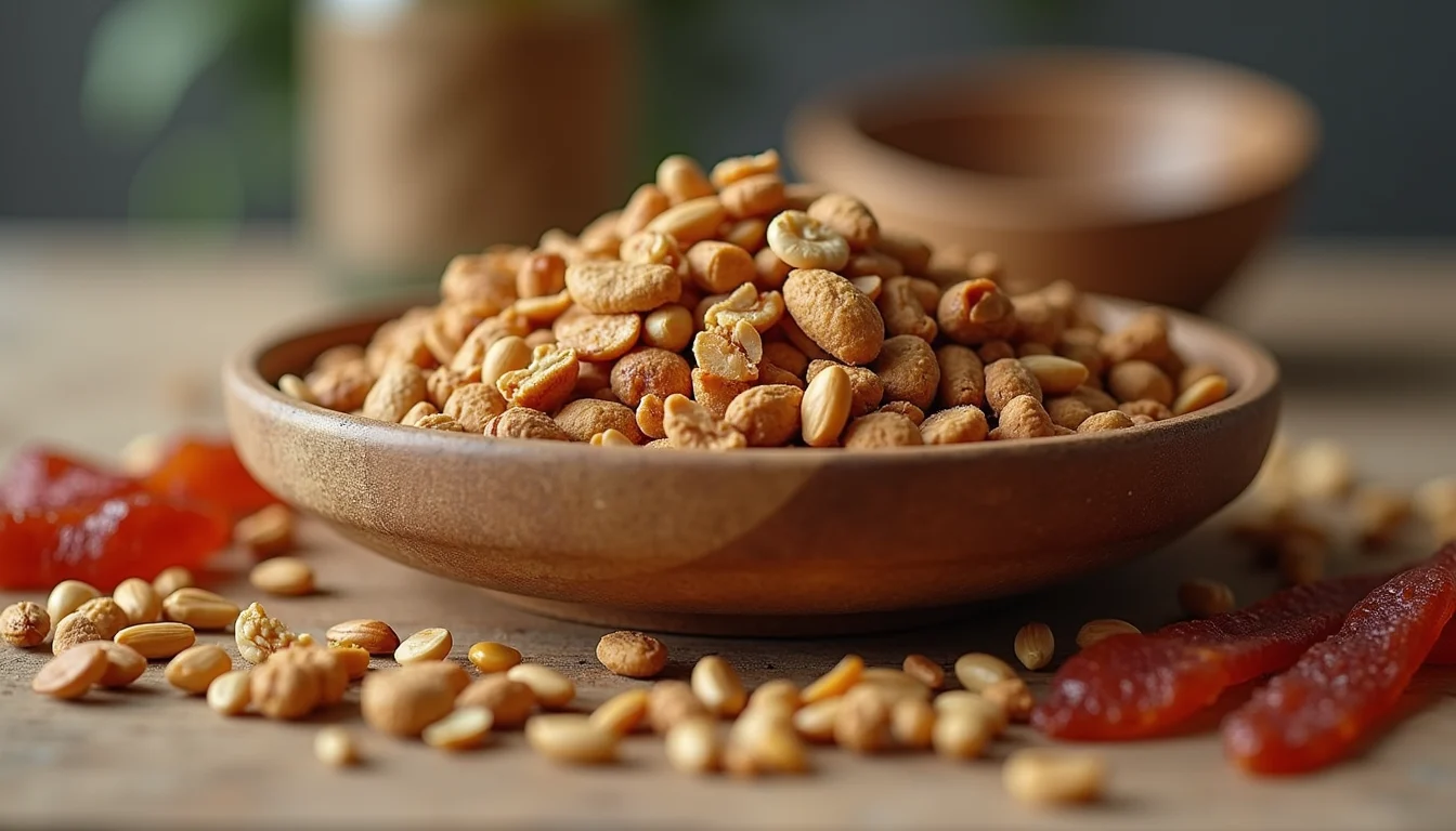 Eye-level view of a variety of protein snacks including nuts, seeds, and jerky on a wooden table