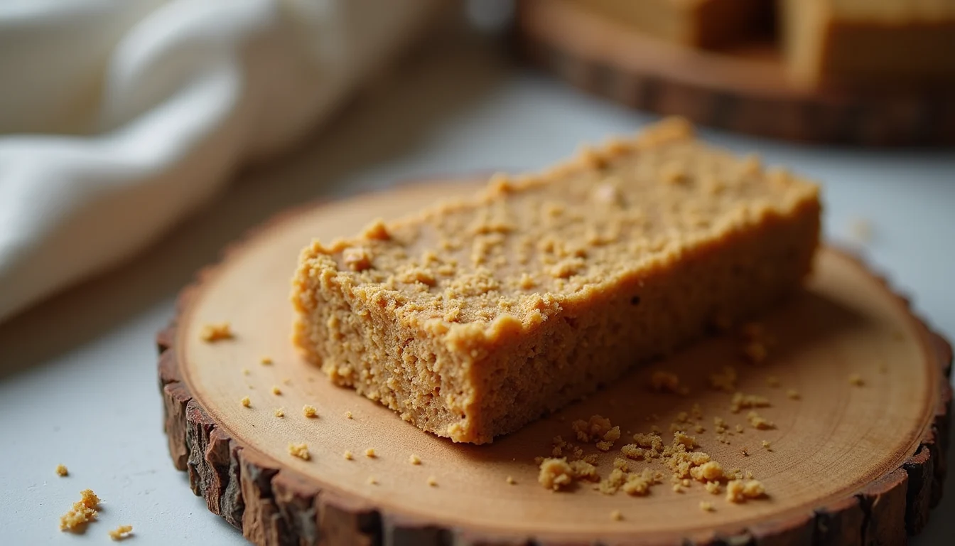 Close-up view of homemade cricket flour energy bars on a wooden board