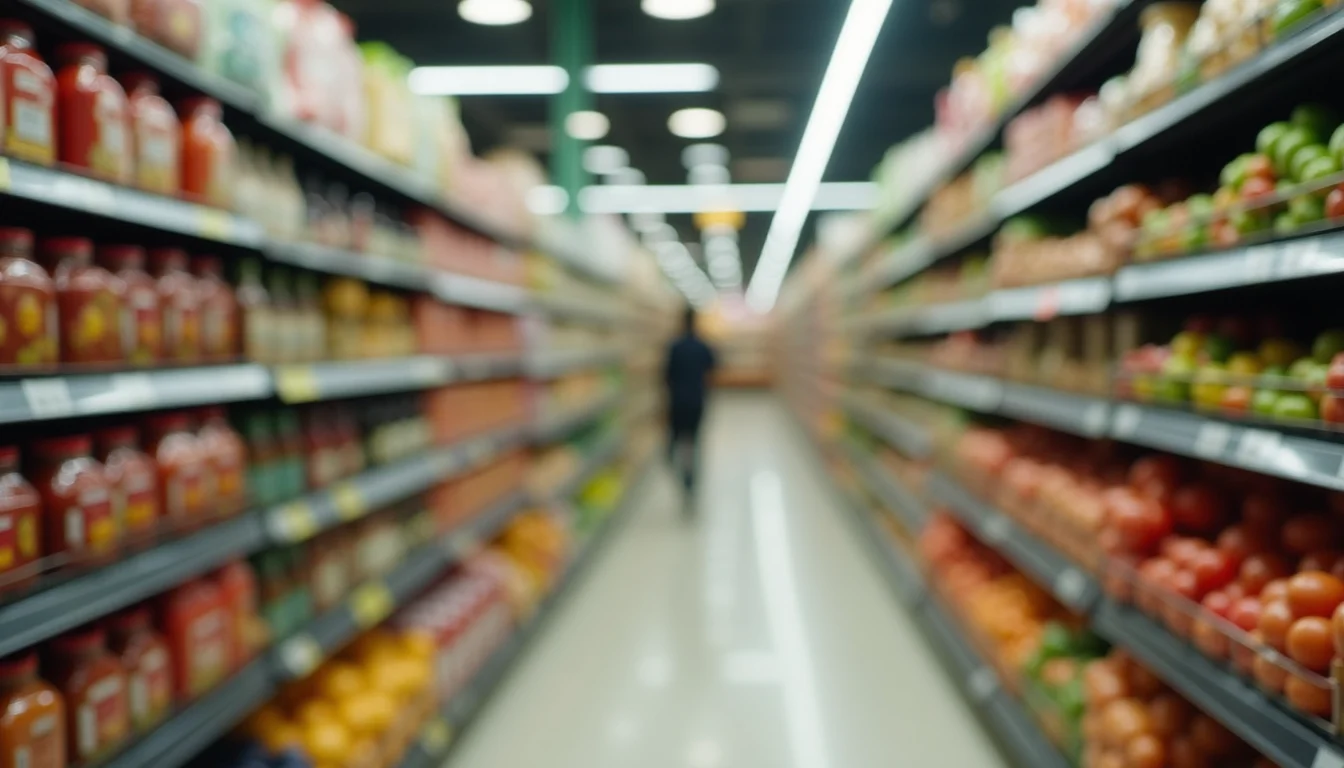 Eye-level view of a grocery store aisle with organic and sustainable food products