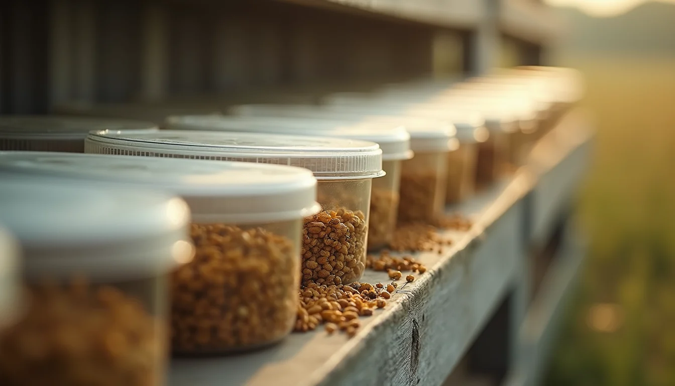 Close-up view of cricket farm with rows of insect containers