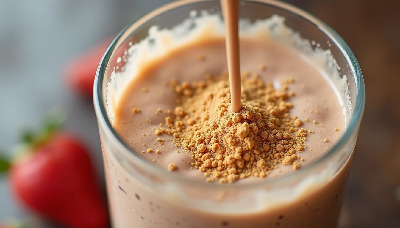 Eye-level view of protein powder being mixed into a smoothie