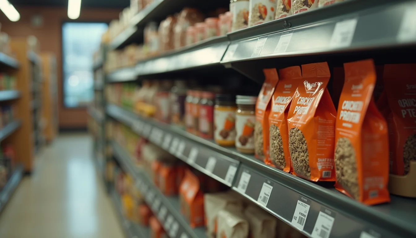 High angle view of packaged cricket protein products on a store shelf