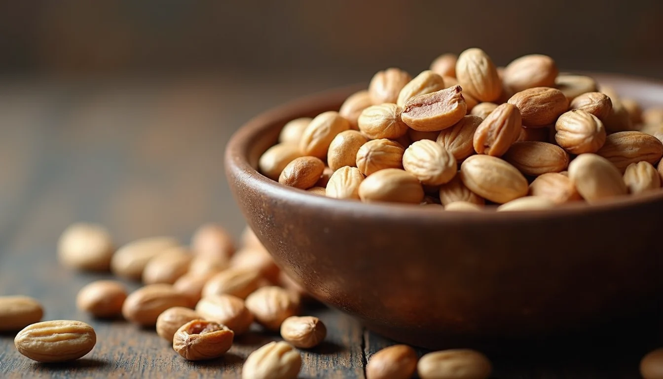 Close-up view of a bowl filled with mixed nuts and seeds