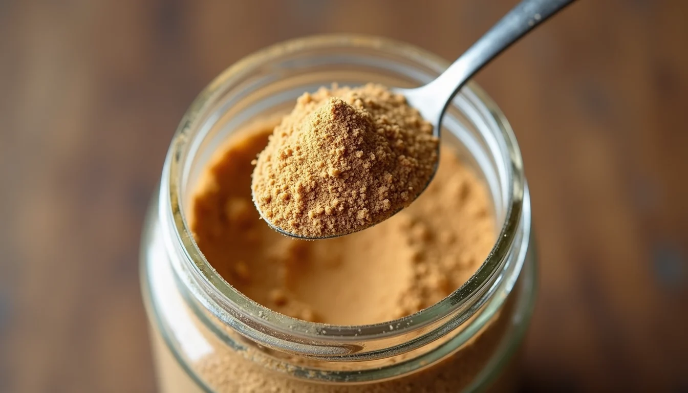 High angle view of a spoon scooping cricket protein powder from a jar