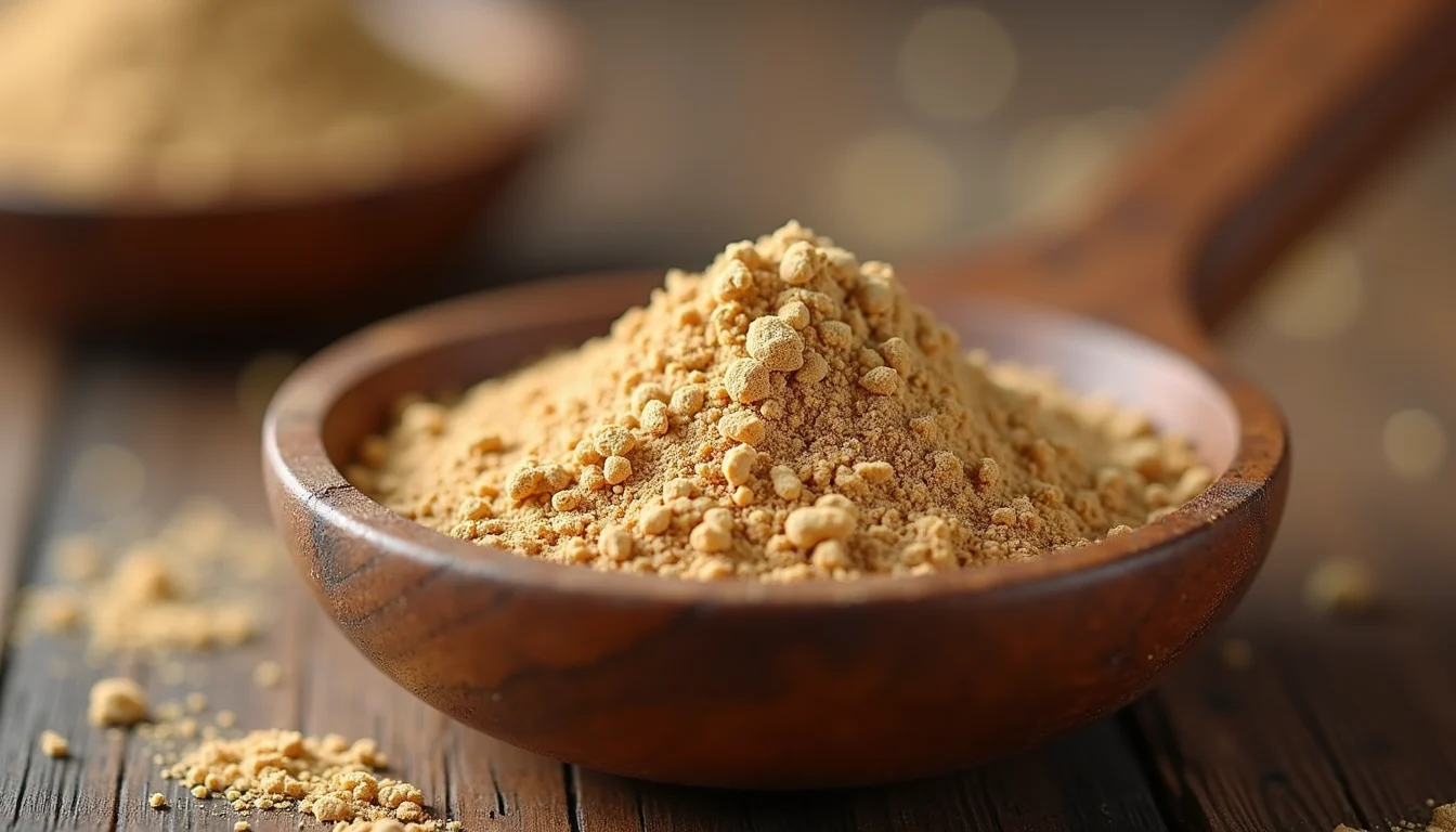 Close-up view of cricket protein powder in a wooden bowl