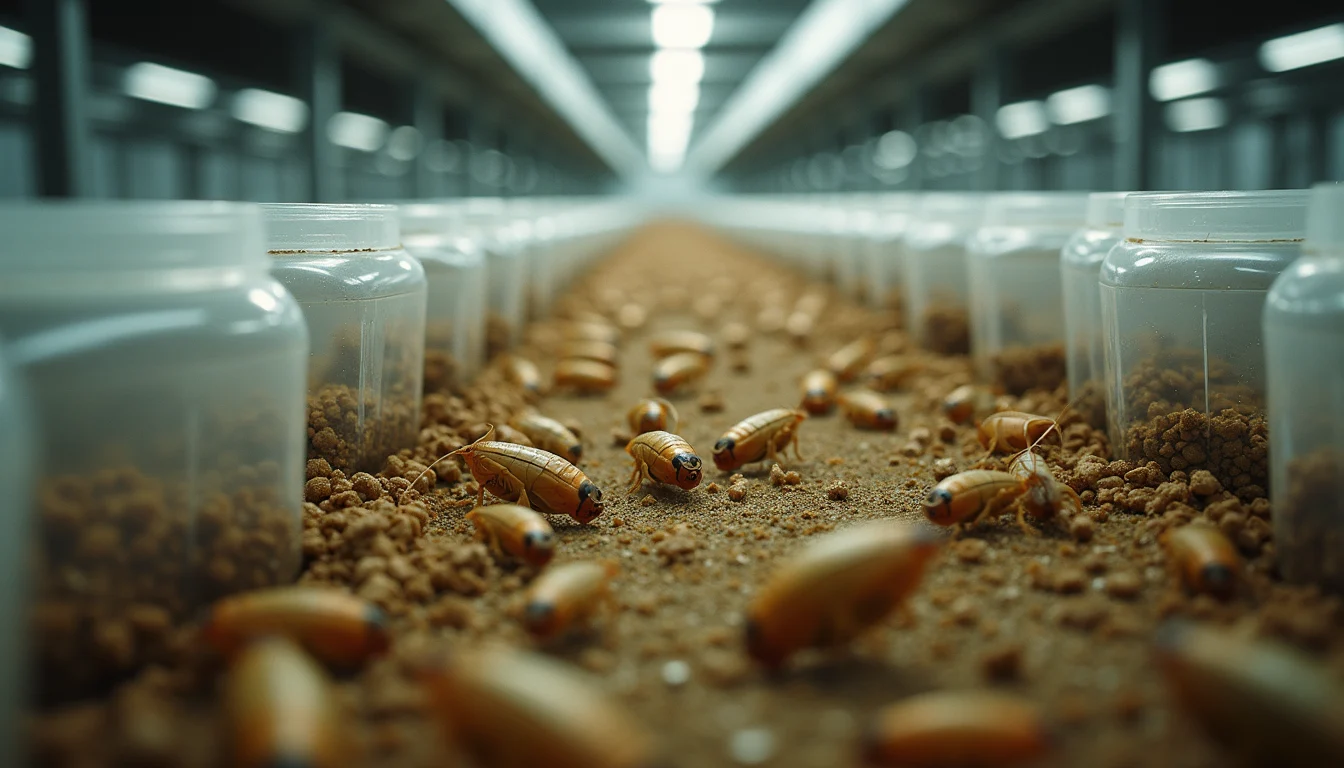 Eye-level view of insect farm with rows of containers housing crickets