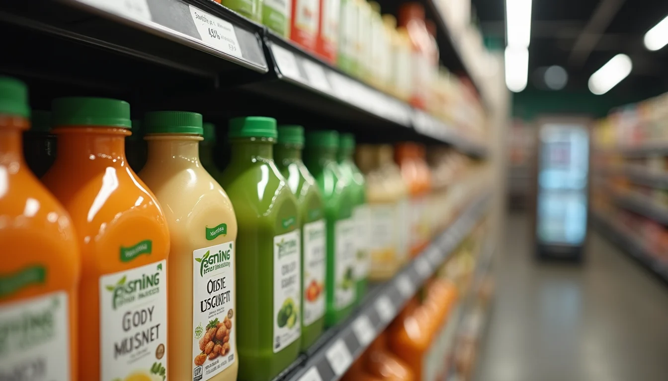 High angle view of eco-friendly packaged food products on a store shelf